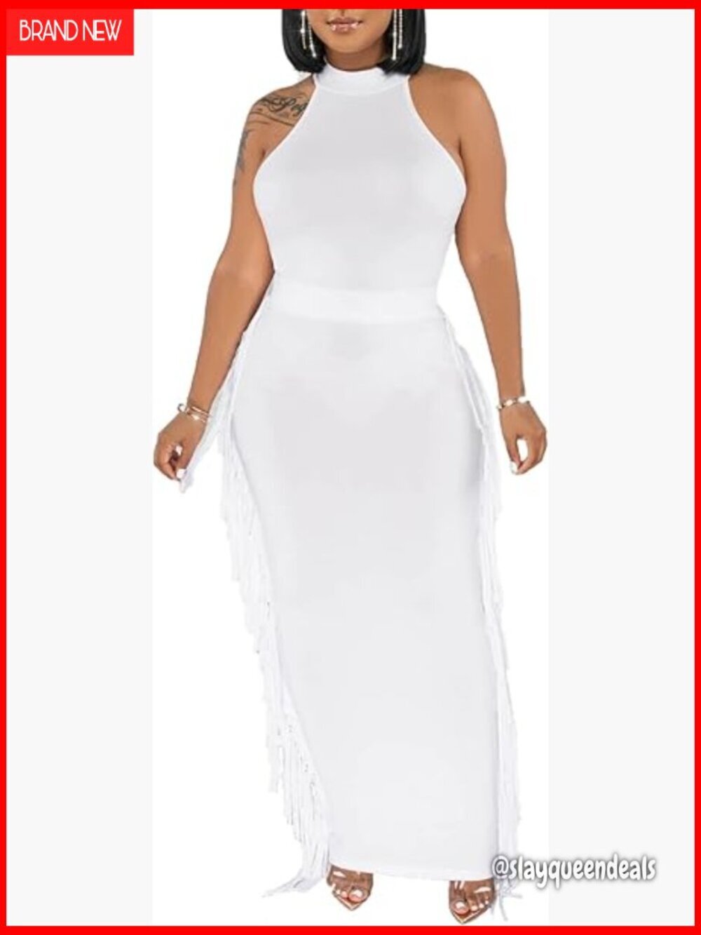 Sexy Halter Neck Bodycon Jumpsuit Set with Fringe Skirt
